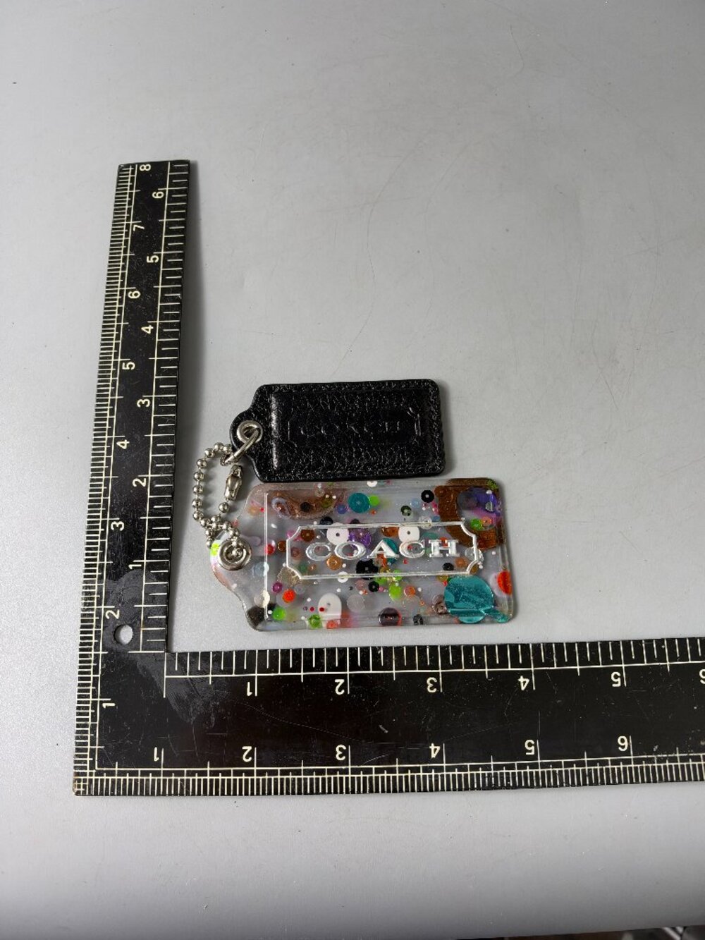 Authentic Coach Clear Confetti Sequin Oversized Hang Tag with Black Leather Fob